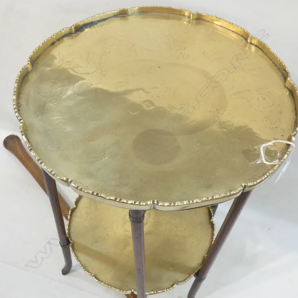 ORIENTAL 2 TIER BRASS FOLDING TABLE DIA.358MM + OLD WOODEN CARVING STICK Image 1++