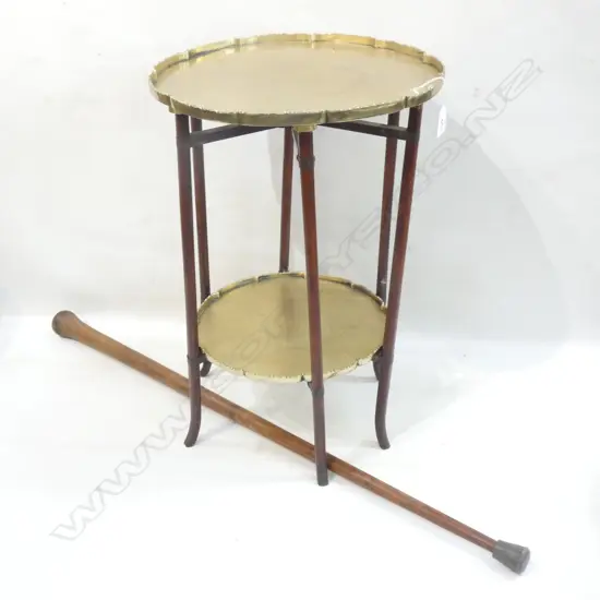 ORIENTAL 2 TIER BRASS FOLDING TABLE DIA.358MM + OLD WOODEN CARVING STICK