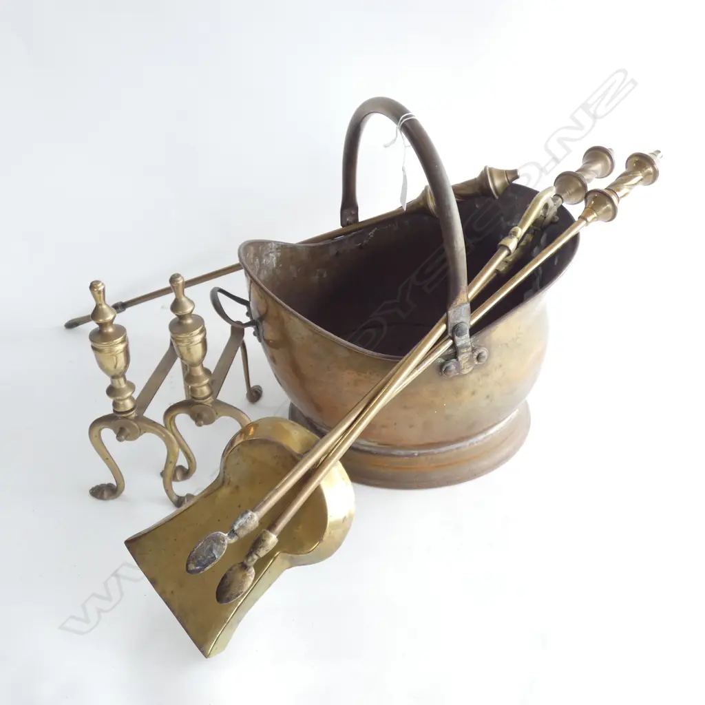 COPPER COAL SCUTTLE /PR BRASS FIRE DOGS & 3 BRASS FIRE TOOLS  Image 1++