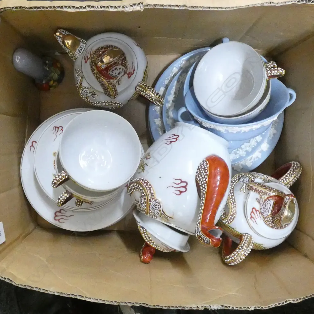 BOX LOT JAPANESE DRAGON TEA SET, WEDGWOOD ETC Image 1++