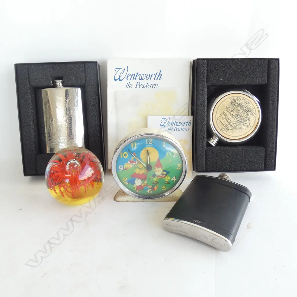 3 FLASKS, SMITHS NODDY CLOCK & PAPER WEIGHT  Image 1++
