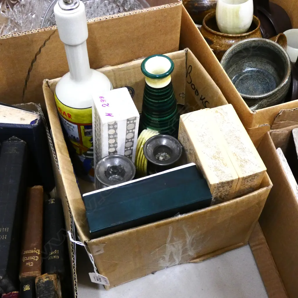 BOX LOT 3 RUSSIAN LACQUER BOXES, PR PEWTER CANDLESTICKS ETC Image 1++