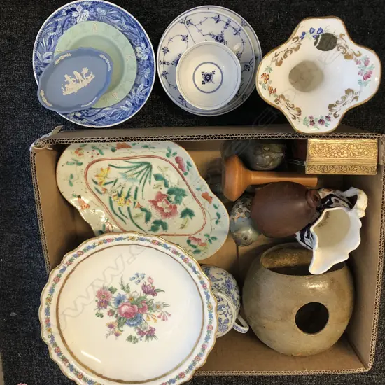 BOX ASST FINE CHINA POTTERY STONE & WOOD PCES.