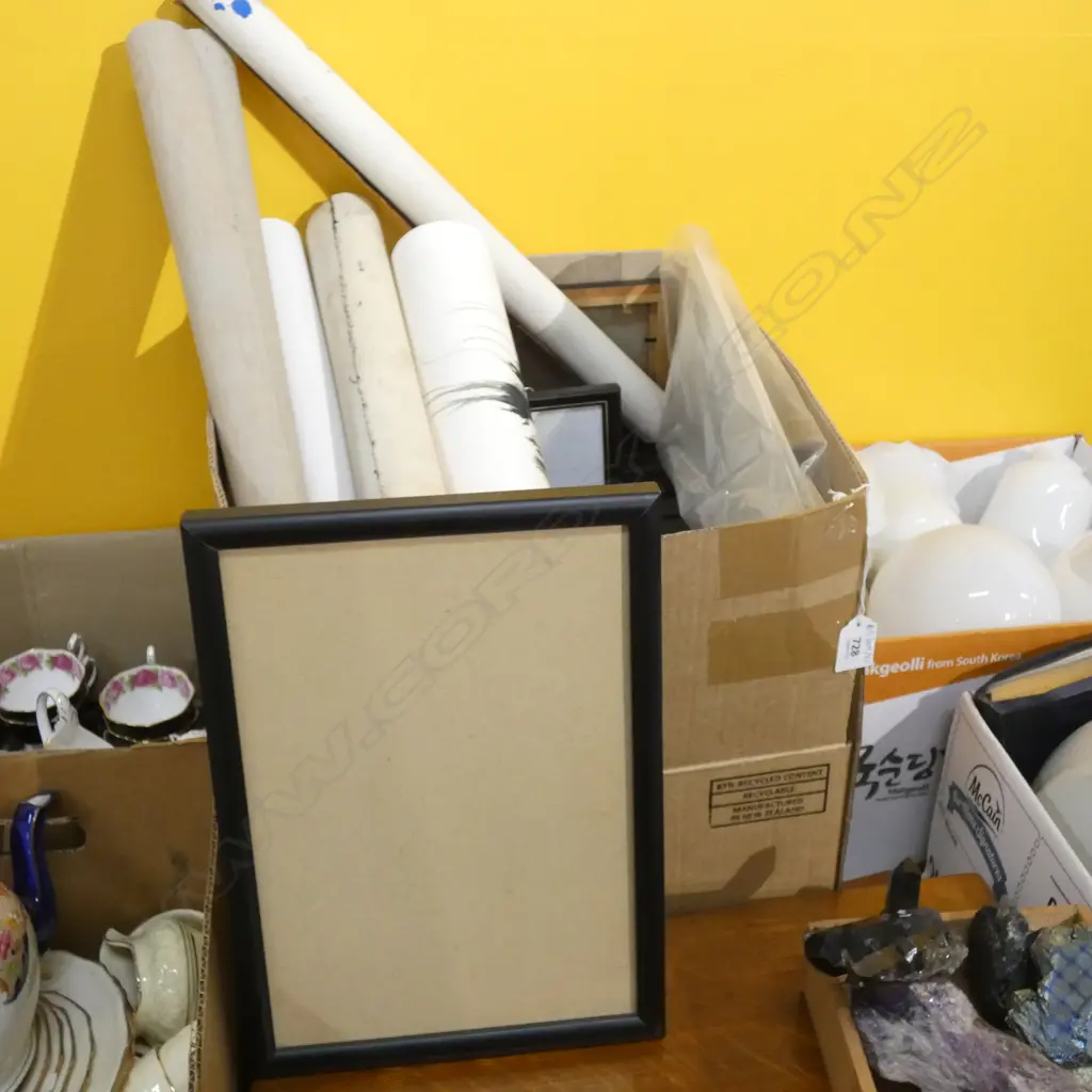 BOX LOT ASST. FRAMES, ARTWORKS ETC Image 1++