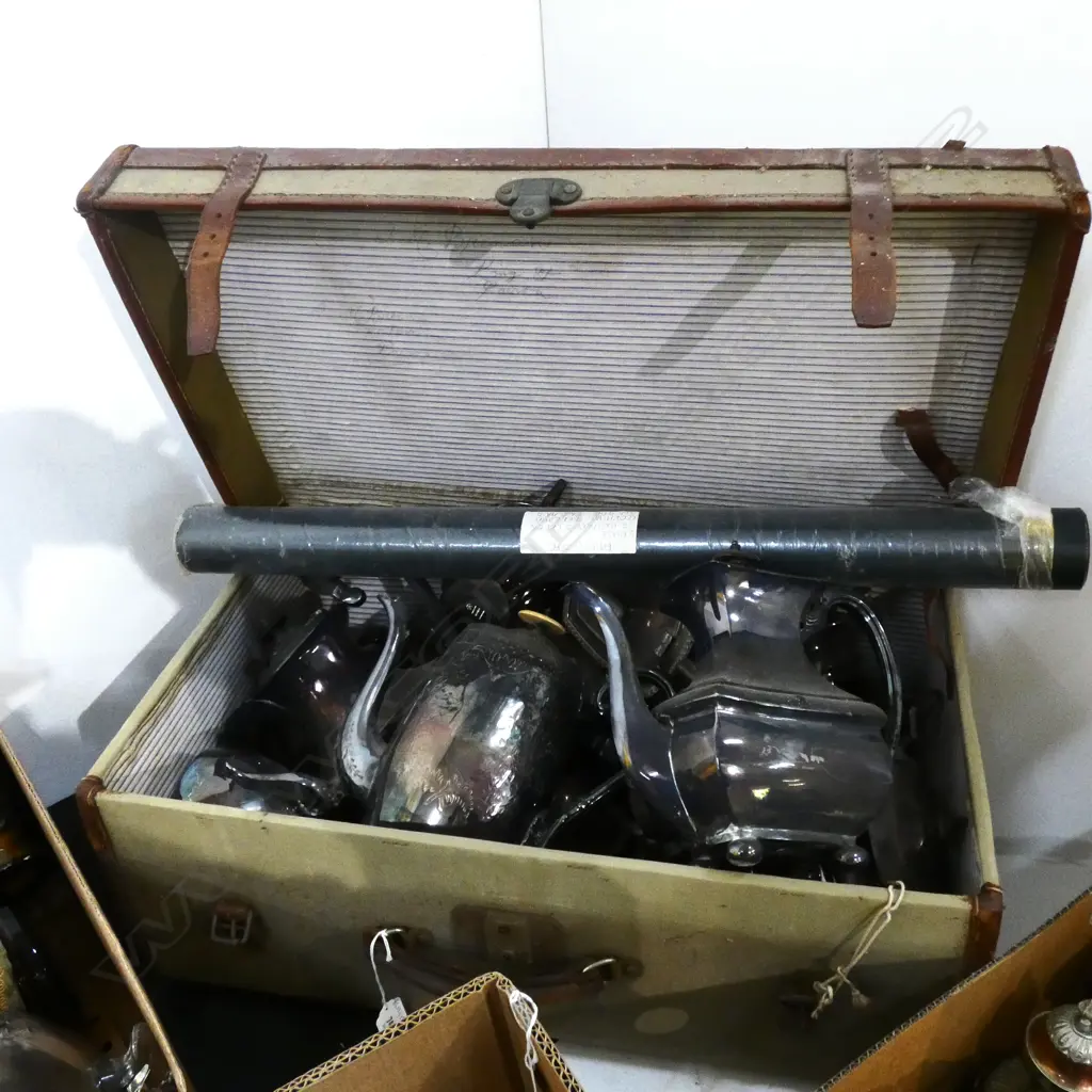 OLD SUITCASE FULL OF EPNS CUTLERY, TEA SETS ETC Image 1++