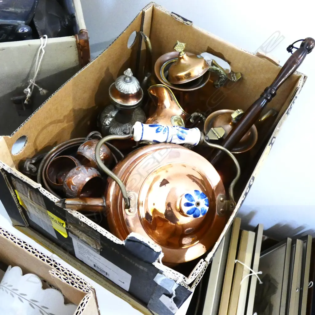 BOX COPPER POTS/ KETTLE W DELFT HANDLE  / JUGS  ETC. Image 1++