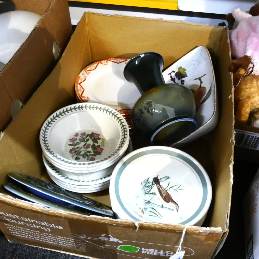 BOX LOT ASST CHINA INCL PORTMEIRION / ROYAL WORCESTER / WADE ETC.. Image 1++