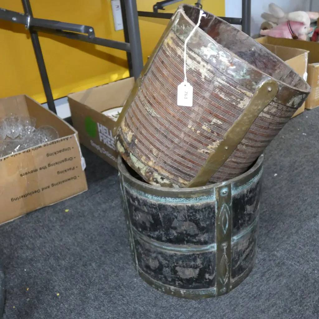 2 OLD WOODEN ETHNIC BUCKETS H.250mm 270mm dia Image 1++