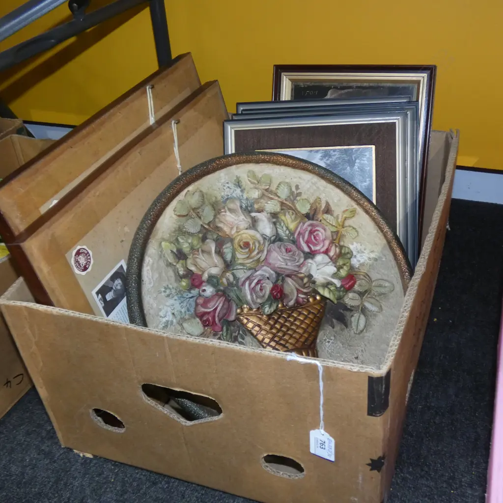 LOT ASST FRAMED PRINTS + PLASTER FLORAL RELIEF PLAQUE Image 1++