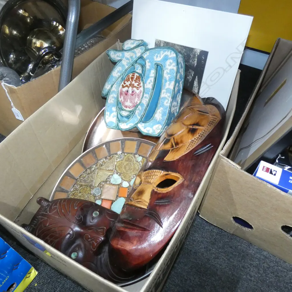 BOX LOT WOODEN MASKS, PHOTOS, TRAYS ETC Image 1++