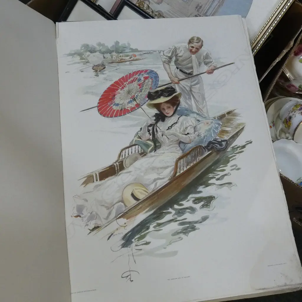 BOX LOT FRAMED PRINTS INCL. LG BOOK 'PICTURES IN COLOUR' BY HARRISON FISHER Image 1++