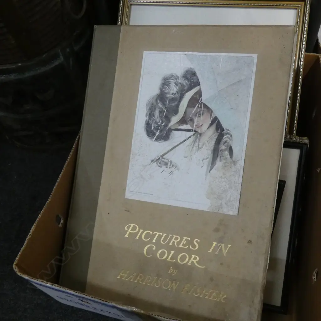 BOX LOT FRAMED PRINTS INCL. LG BOOK 'PICTURES IN COLOUR' BY HARRISON FISHER Image 1++