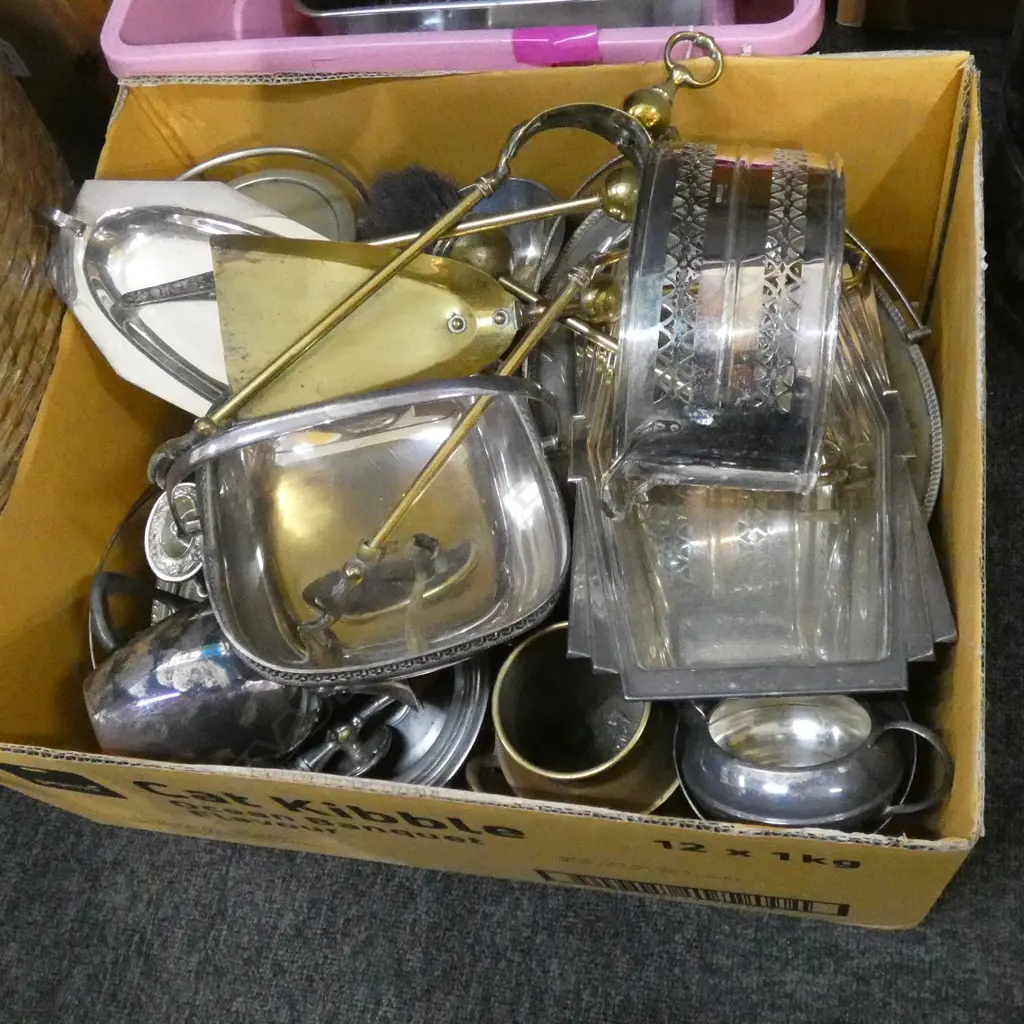 LG BOX LOT ASST SILVER PLATE & BRASS FIRE TOOLS ETC. Image 1++