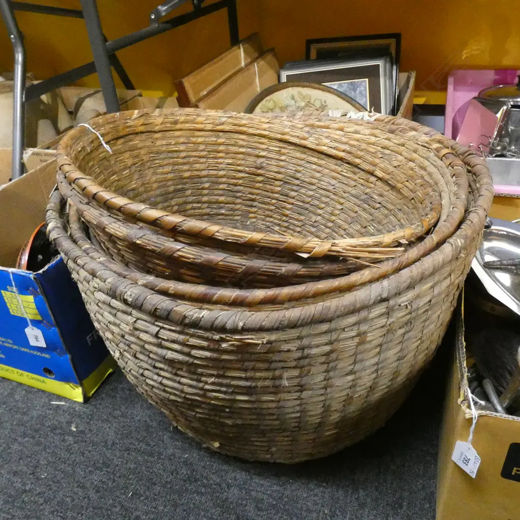 3 VINTAGE WOVEN BASKETS 530mm dia Image 1++