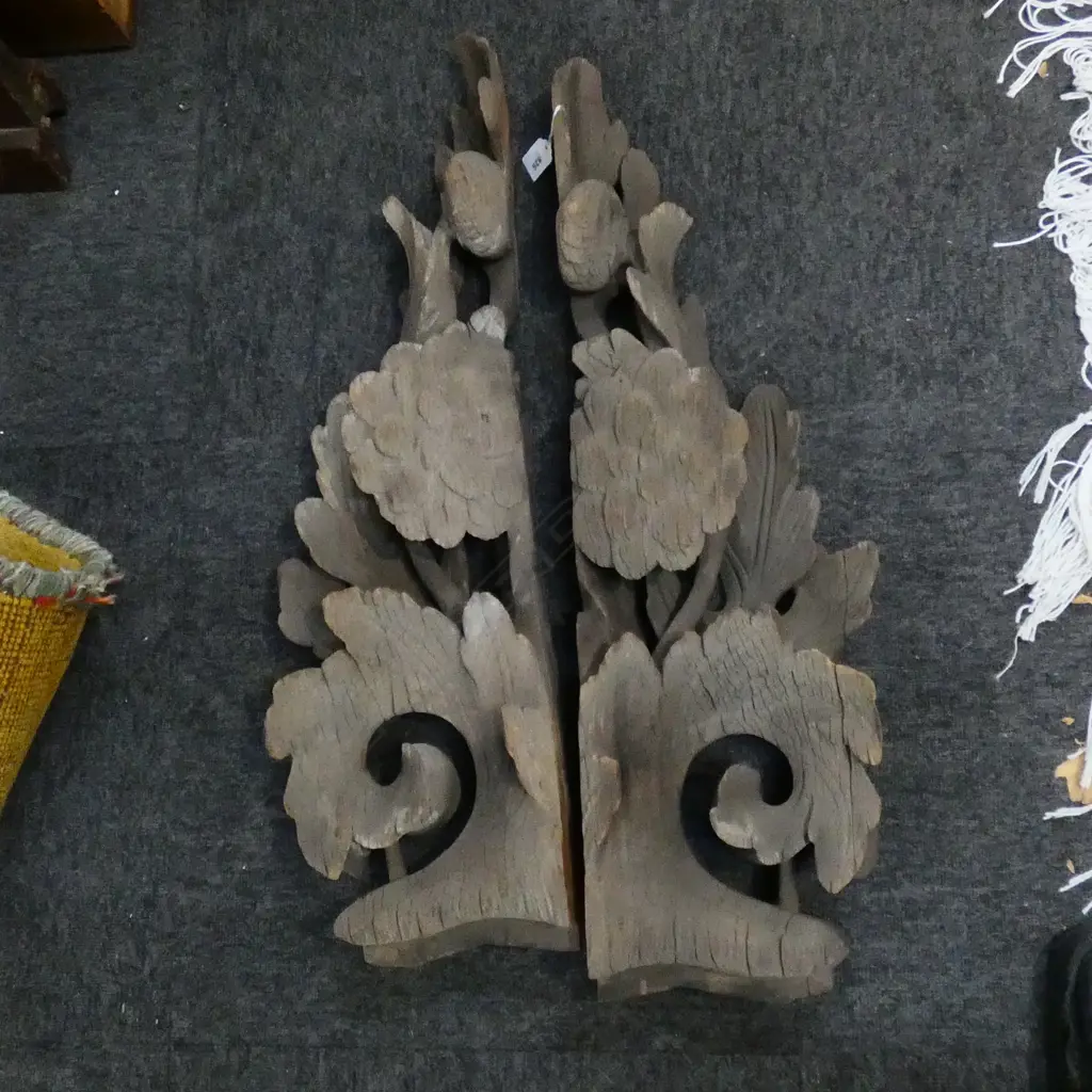 MATCHING PAIR OF JAPANESE 18TH C TEMPLE EAVE DECORATIVE CARVINGS. H762 W471mm Image 1++