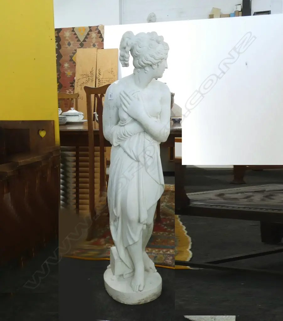 RECONSTITUTED MARBLE GARDEN STATUE; HALF CLOTHED GREEK WOMAN H.1250mm Image 1++