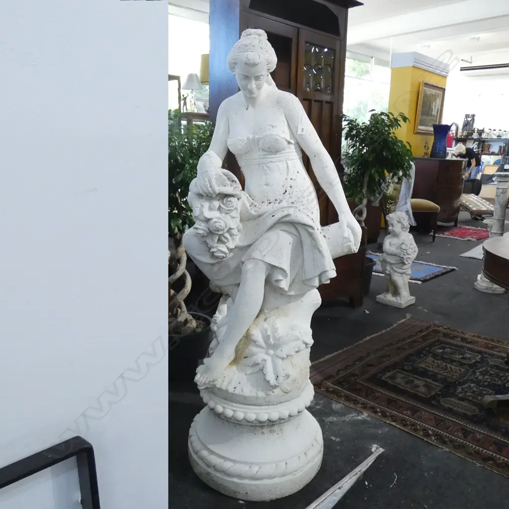 RECONSTITUTED MARBLE GARDEN STATUE; WOMAN ON LOG H.1500mm Image 1++