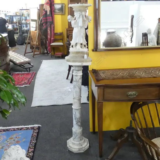 LATE 19THC CARVED ALABASTER LADY LAMP ON COLUMN A.F