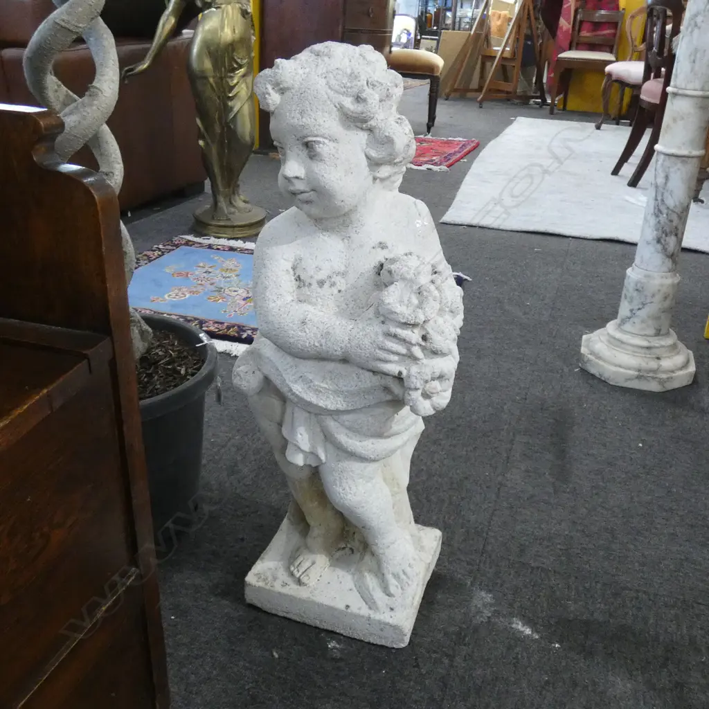 RECONSTITUTED MARBLE GARDEN STATUE; CHERUB w. FLOWERS H.700mm Image 1++