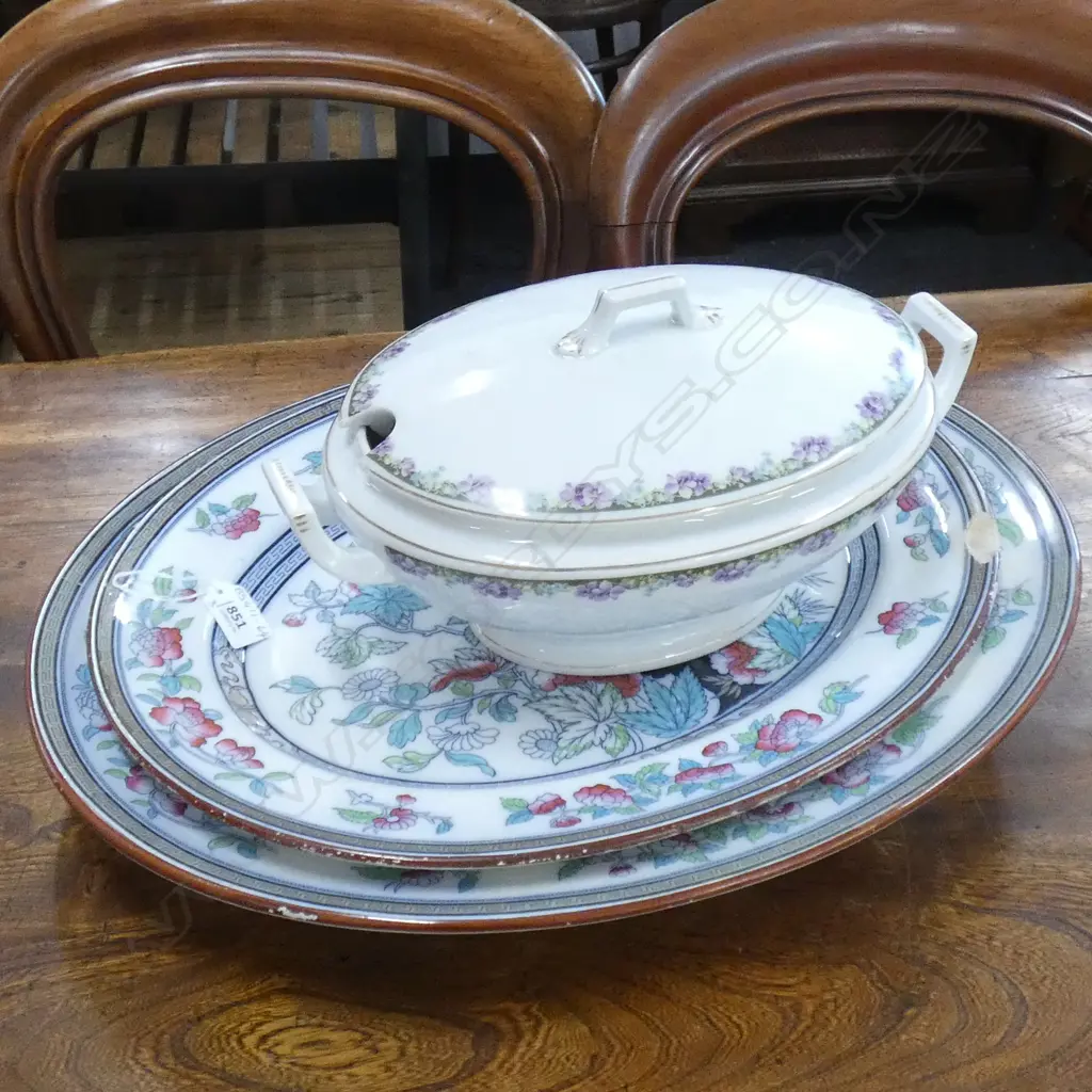 VINTAGE PORCELAIN; 2 LG INDIAN TREE MEAT PLATTERS LARGEST (510 X410MM w GRAVY WELL) + LG VICTORIAN TUREEN .... Image 1++
