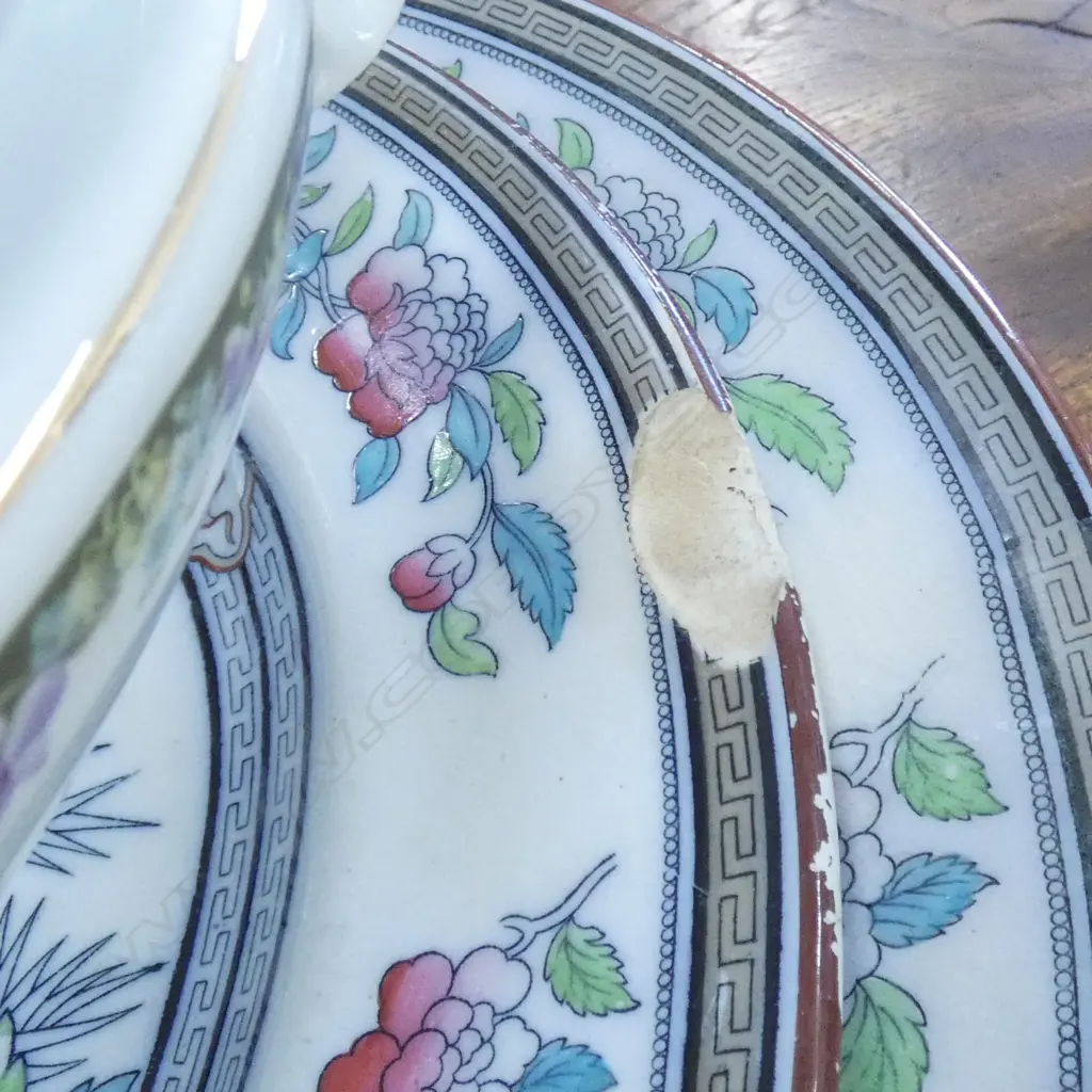 VINTAGE PORCELAIN; 2 LG INDIAN TREE MEAT PLATTERS LARGEST (510 X410MM w GRAVY WELL) + LG VICTORIAN TUREEN .... Image 1++