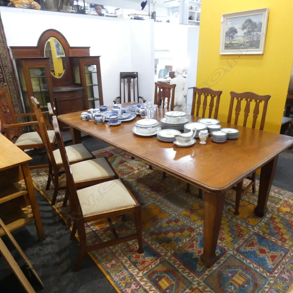 OAK ARTS AND CRAFTS EXTENSION DINING TABLE AND EIGHT CHAIRS Image 1++