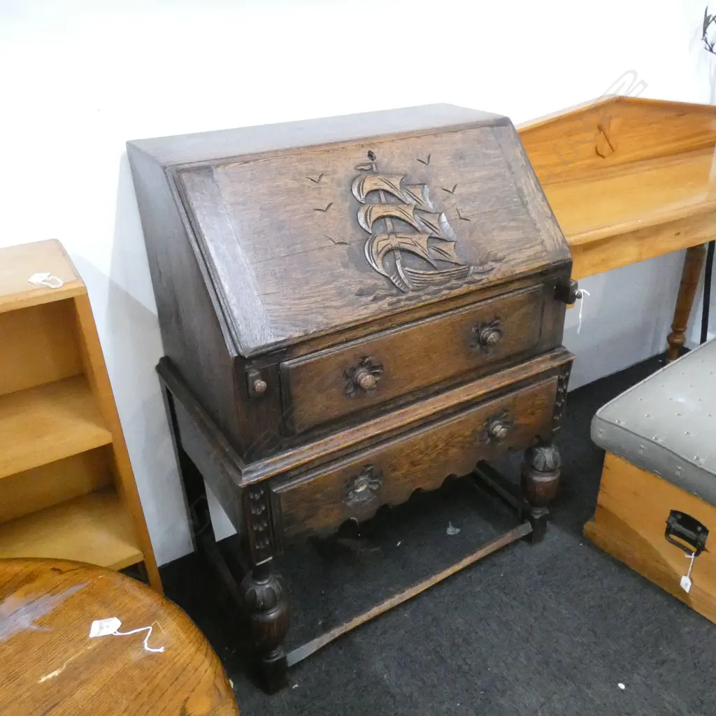 OAK DROP FRONT DESK - CARVED SAILING SHIP ON FRONT L 770MM Image 1++