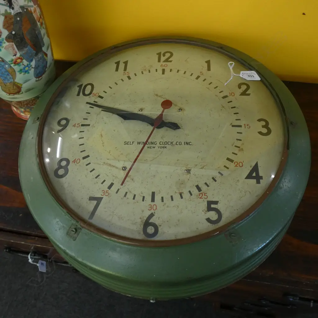 OLD GREEN METAL TIN PLATE SELF WINDING CLOCK DIA 480MM Image 1++