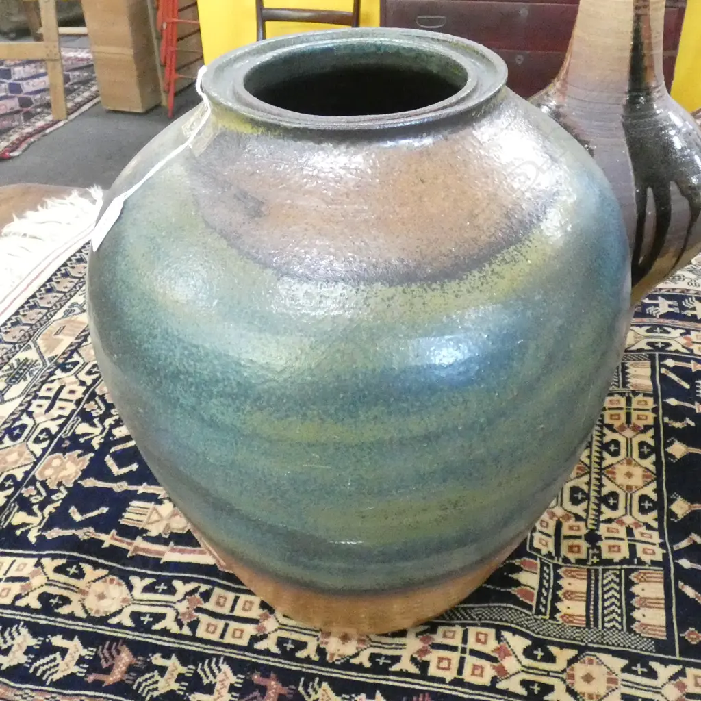 LARGE STUDIO POTTERY FLOOR VASE BANDED BLUE / GREEN GLAZE H.435mm Image 1++