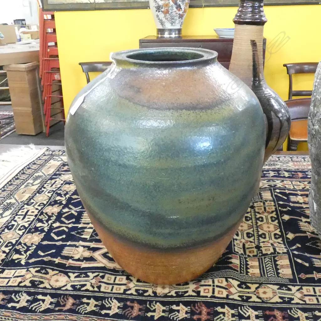LARGE STUDIO POTTERY FLOOR VASE BANDED BLUE / GREEN GLAZE H.435mm Image 1++