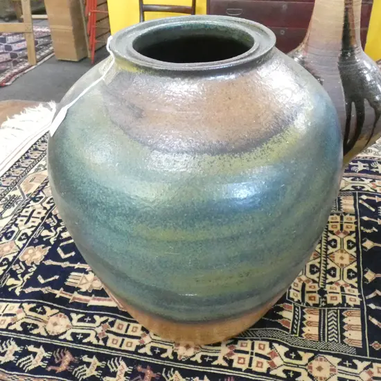 LARGE STUDIO POTTERY FLOOR VASE BANDED BLUE / GREEN GLAZE H.435mm