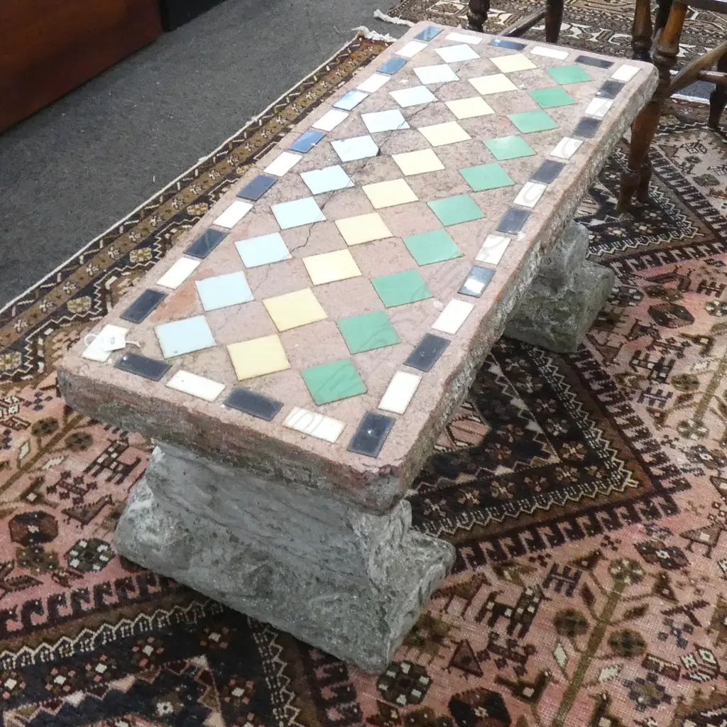 3 PART CONCRETE BENCH w. INLAID TILES W.1050mm Image 1++