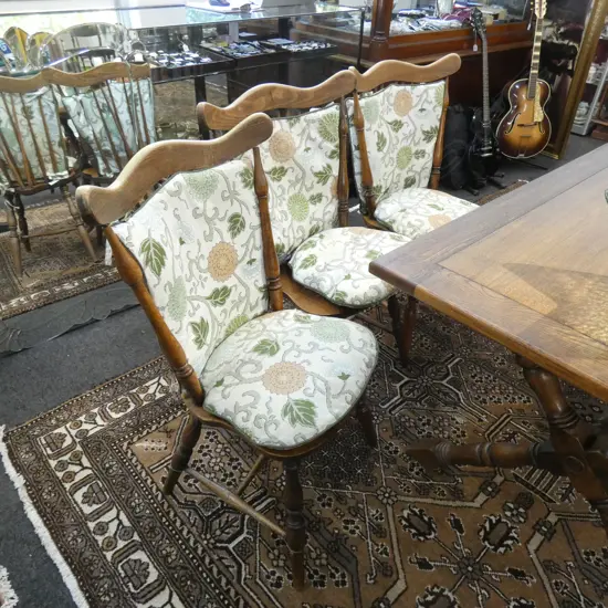 6 OAK SPOKE BACK CHAIRS WITH TIE PADS