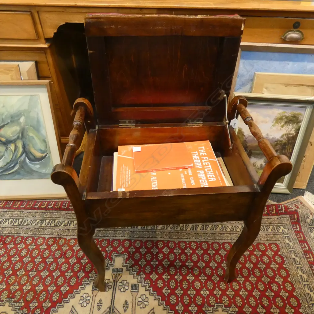 OLD WOOD & RED LEATHER (?) PIANO STOOL - W PIANO BOOKS UNDER SEAT  Image 1++