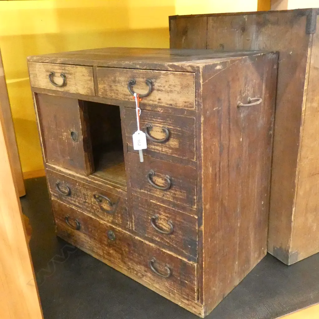 OLD JAPANESE TANSU CHEST 7-DRAWER 2 SLIDING CUPBOARDS / W KEY Image 1++