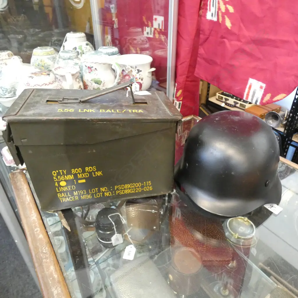 OLD MILITARY AMMO BOX (L 290MM) & OLD METAL HELMET  Image 1++
