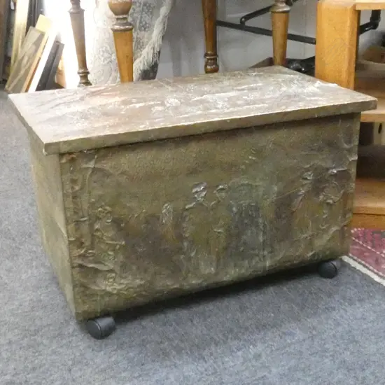 OLD BRASS MAORI DECORATED COAL BOX