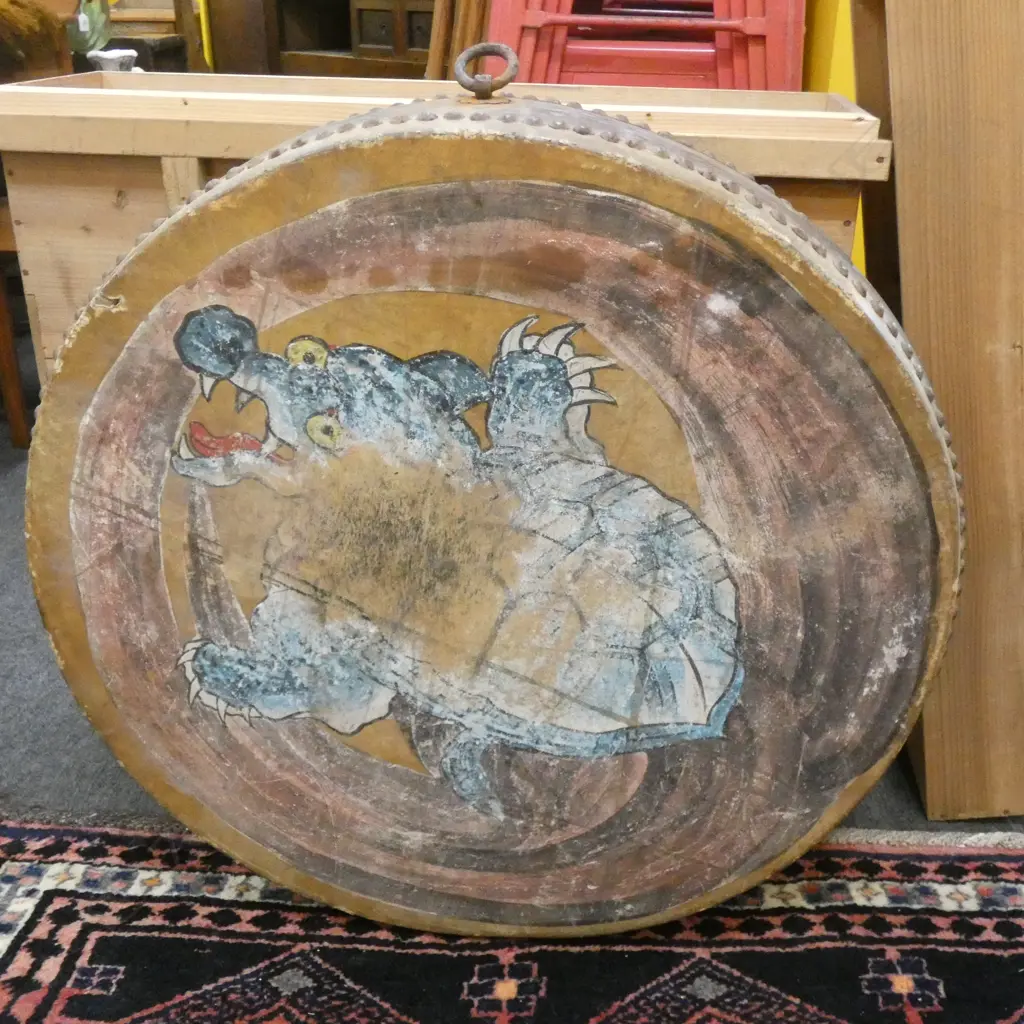 LARGE OLD JAPANESE TAIKO DRUM - DRAGON PAINTING. IN CEDAR BOX Image 1++
