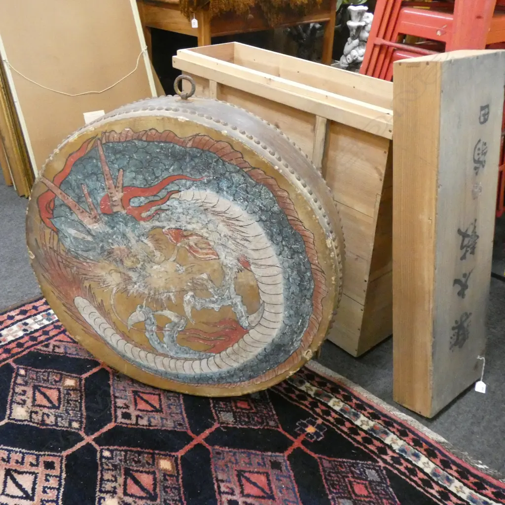 LARGE OLD JAPANESE TAIKO DRUM - DRAGON PAINTING. IN CEDAR BOX Image 1++