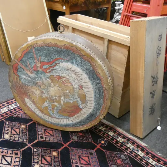 LARGE OLD JAPANESE TAIKO DRUM - DRAGON PAINTING. IN CEDAR BOX