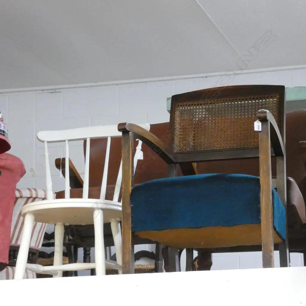 2 CHAIRS; WHITE PAINTED COLONIAL CHAIR & RATTAN BACK & VELVET SEAT Image 1++
