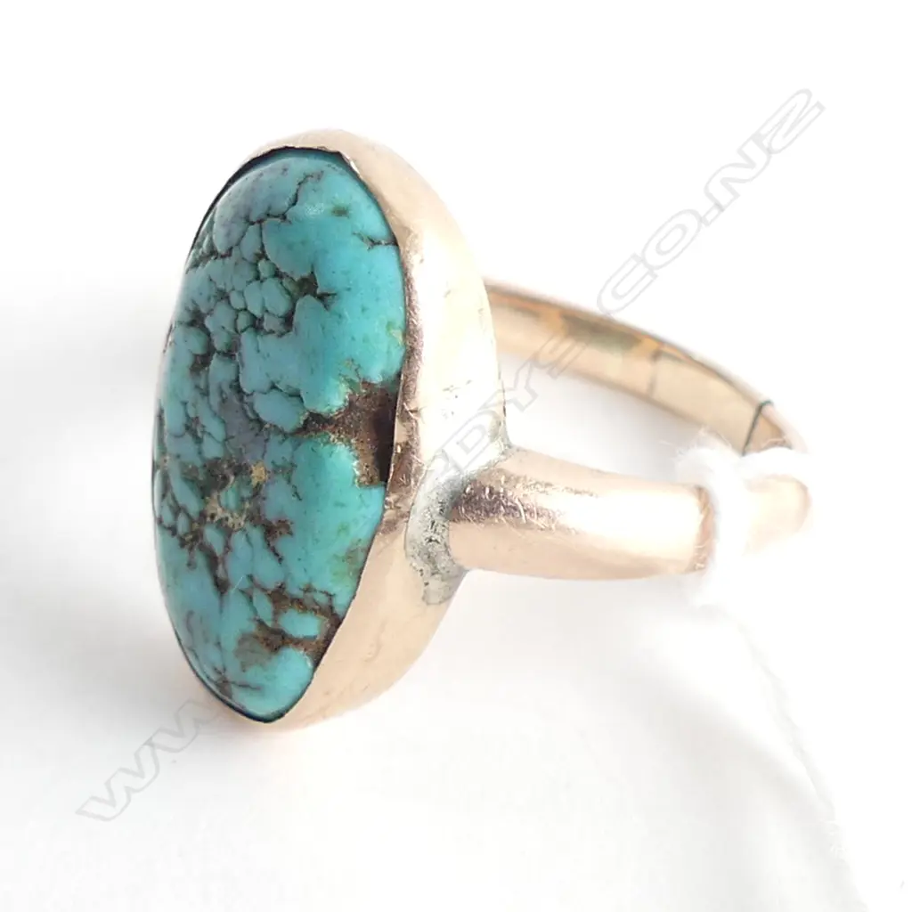 C1900 9CT GOLD & TURQUOISE COLONIAL RING CUT BAND Image 1++