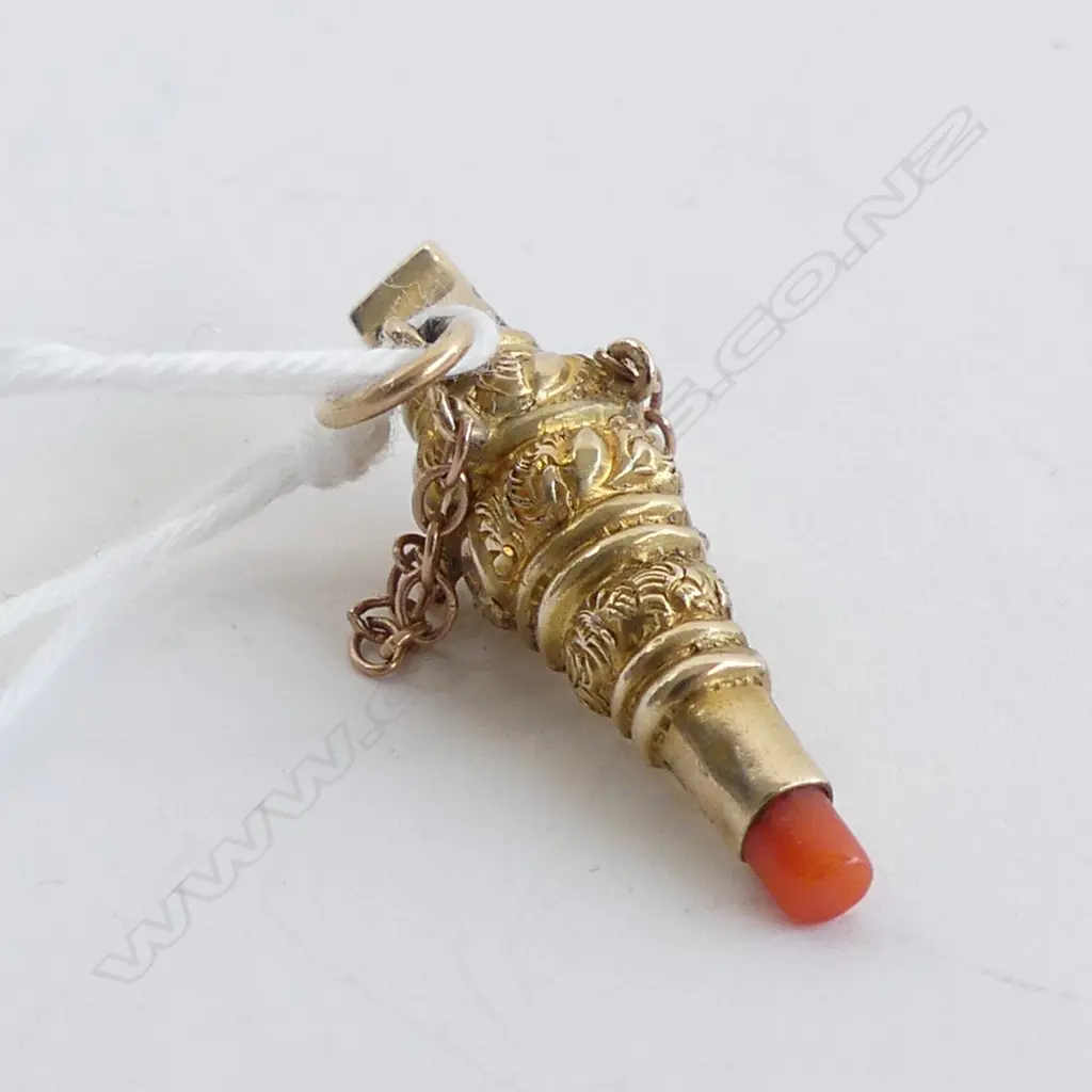 9 CT  GOLD AND CORAL TEETHING WHISTLE CHARM L 25 MM(1.3 gms) Image 1++