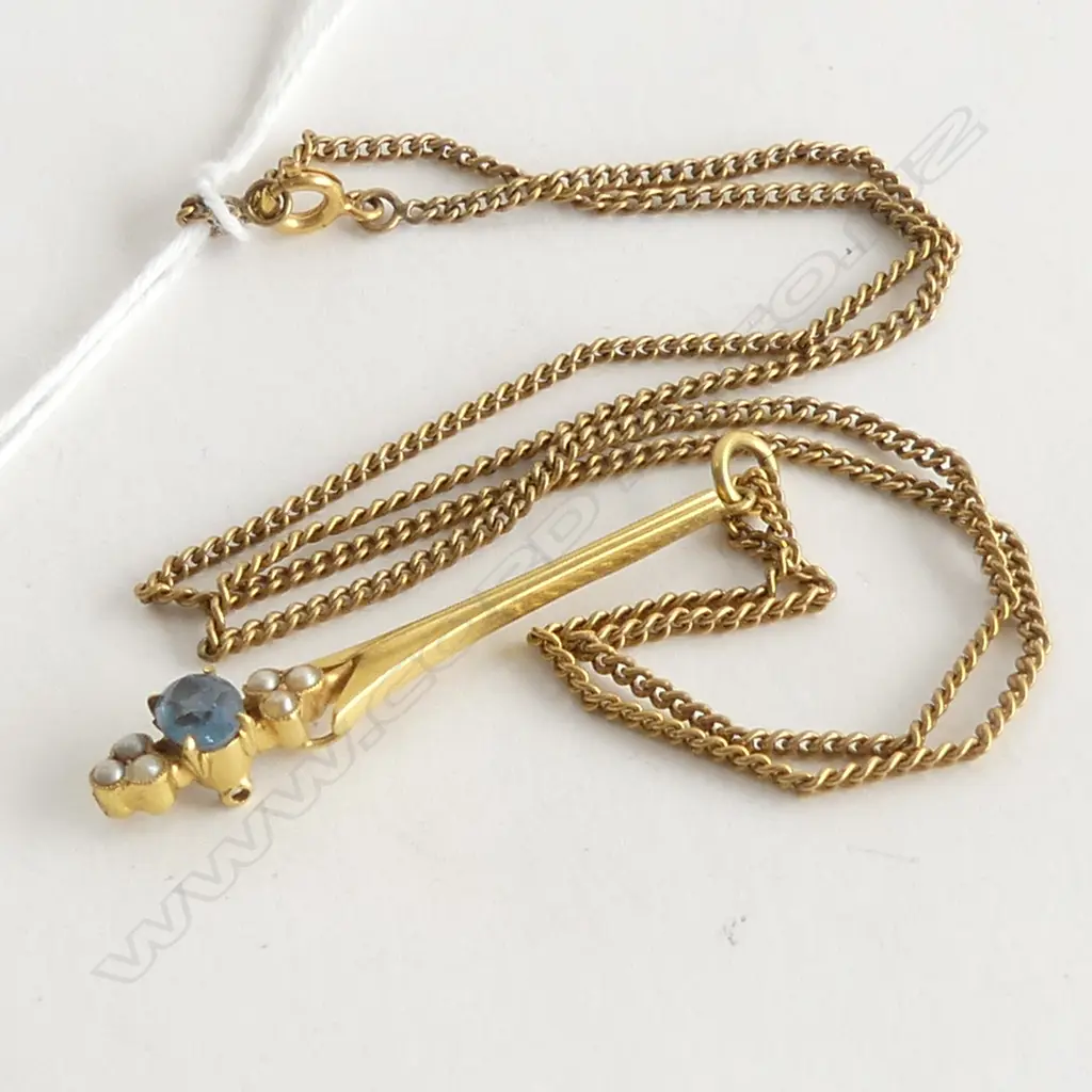 (90) 18CT GOLD BLUE STONE & PEARL PENDANT ON PLATED CHAIN Image 1++