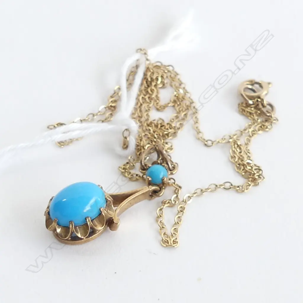 EDWARDIAN STYLE 9CT GOLD & TURQUOISE PENDANT NECKLACE Image 1++
