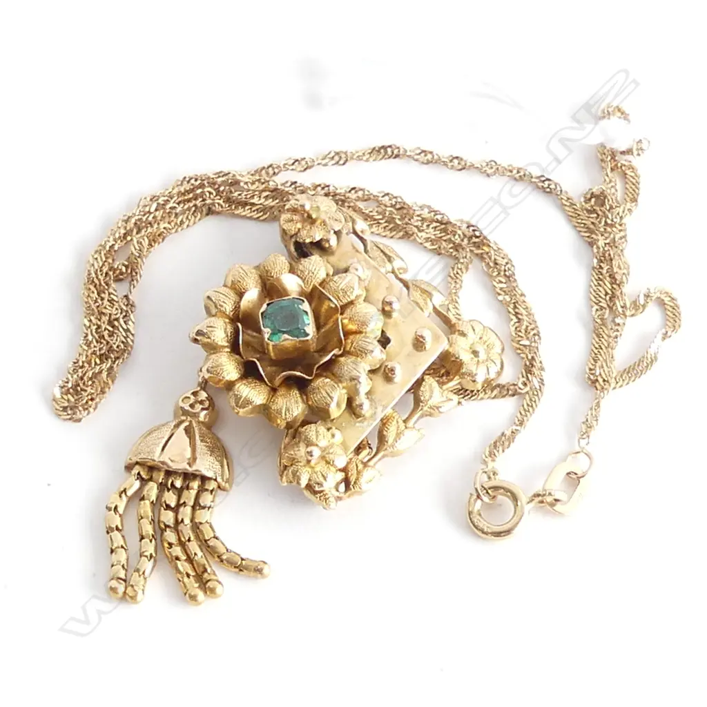 ANTIQUE 18CT GOLD FANCY PENDANT W TASSLE ON 9CT CHAIN 5gms Image 1++