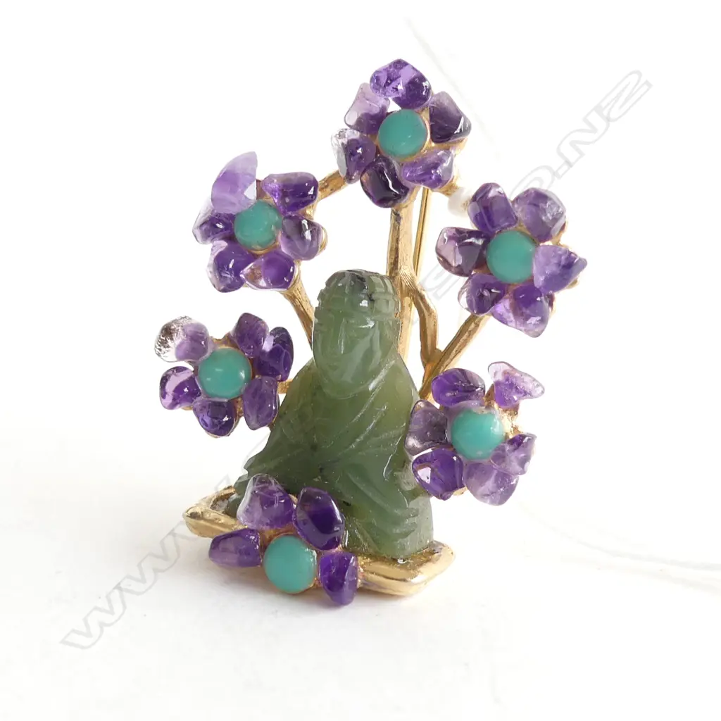 JADE & GEMSTONE BUDDHA BROOCH Image 1++
