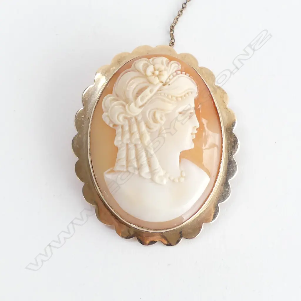9CT GOLD FRAMED CAMEO BROOCH ELEGANT WOMAN Image 1++