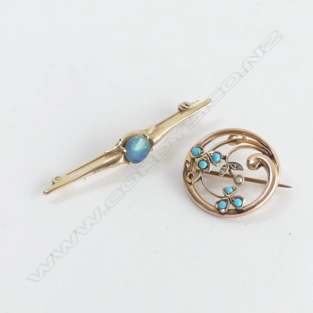 2 ANTIQUE GOLD BROOCHES TURQUOISE ETC 5.14gms Image 1++