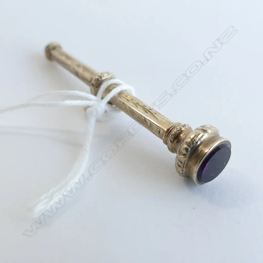 VICT. 9CT GOLD PROPELLING PENCIL COMPLETE PURPLE STONE END Image 1++